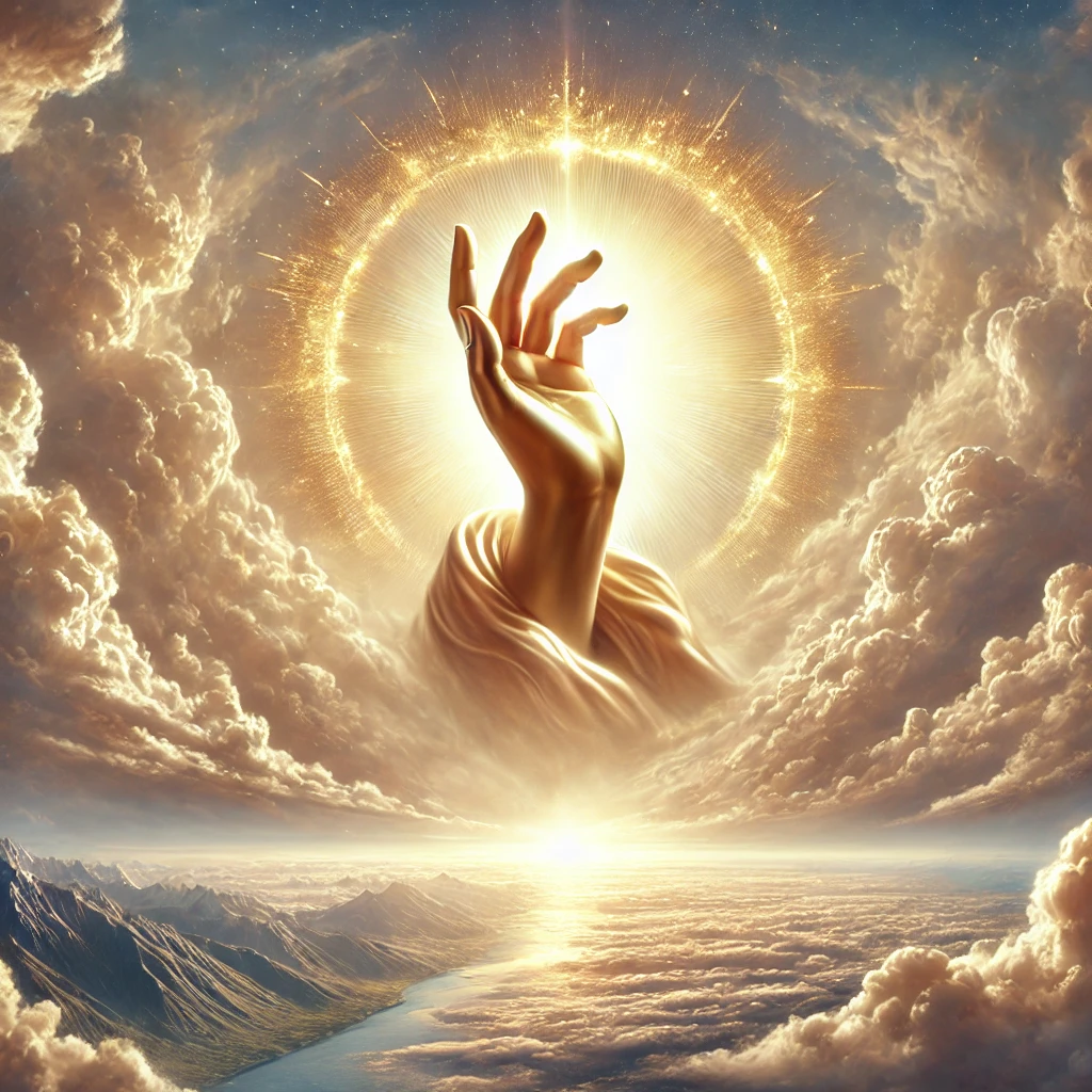 Insanely sick digital art of a hand of god surrounded by light in the sky above canyons