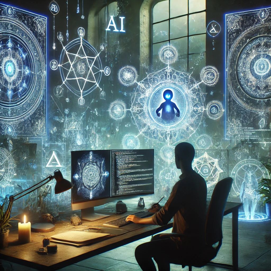 guy in shadows on computer with glowing occult symbols hovering around him