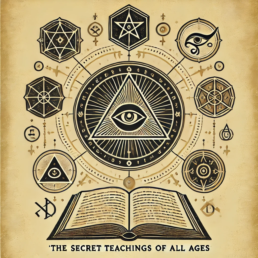 Mystical looking parchment illustration of occult symbols that says “Secret Teachings of All Ages” at bottom