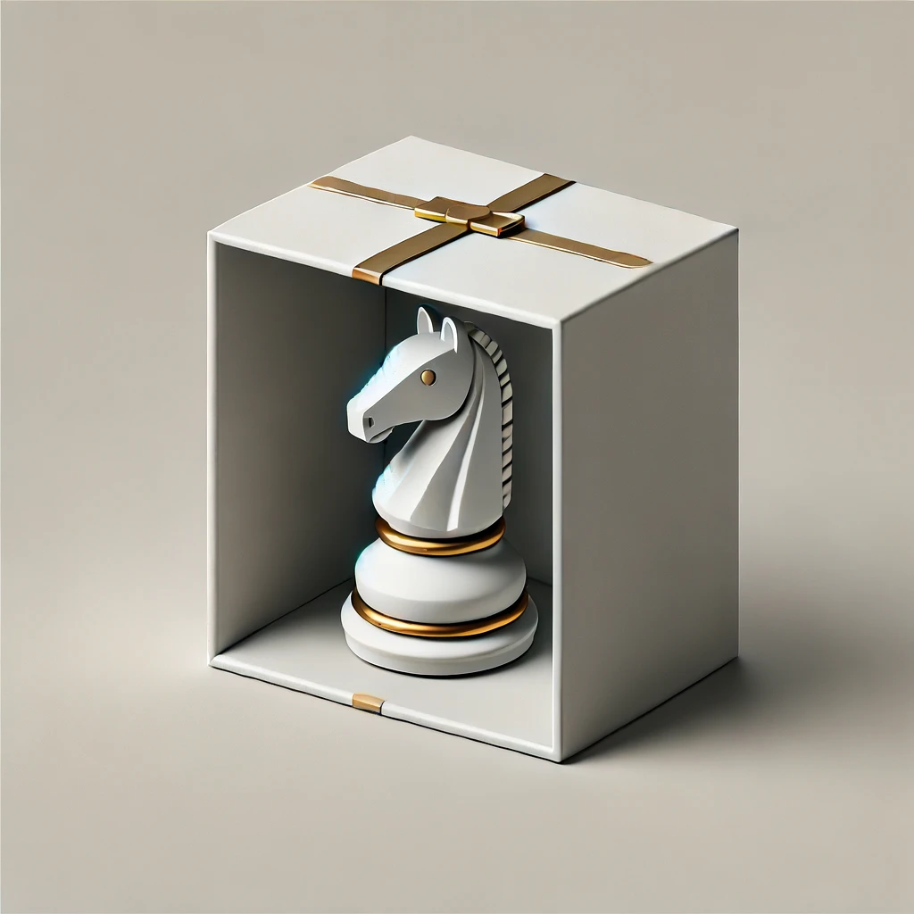 A white and golden knight chess piece in a present box, 3d render