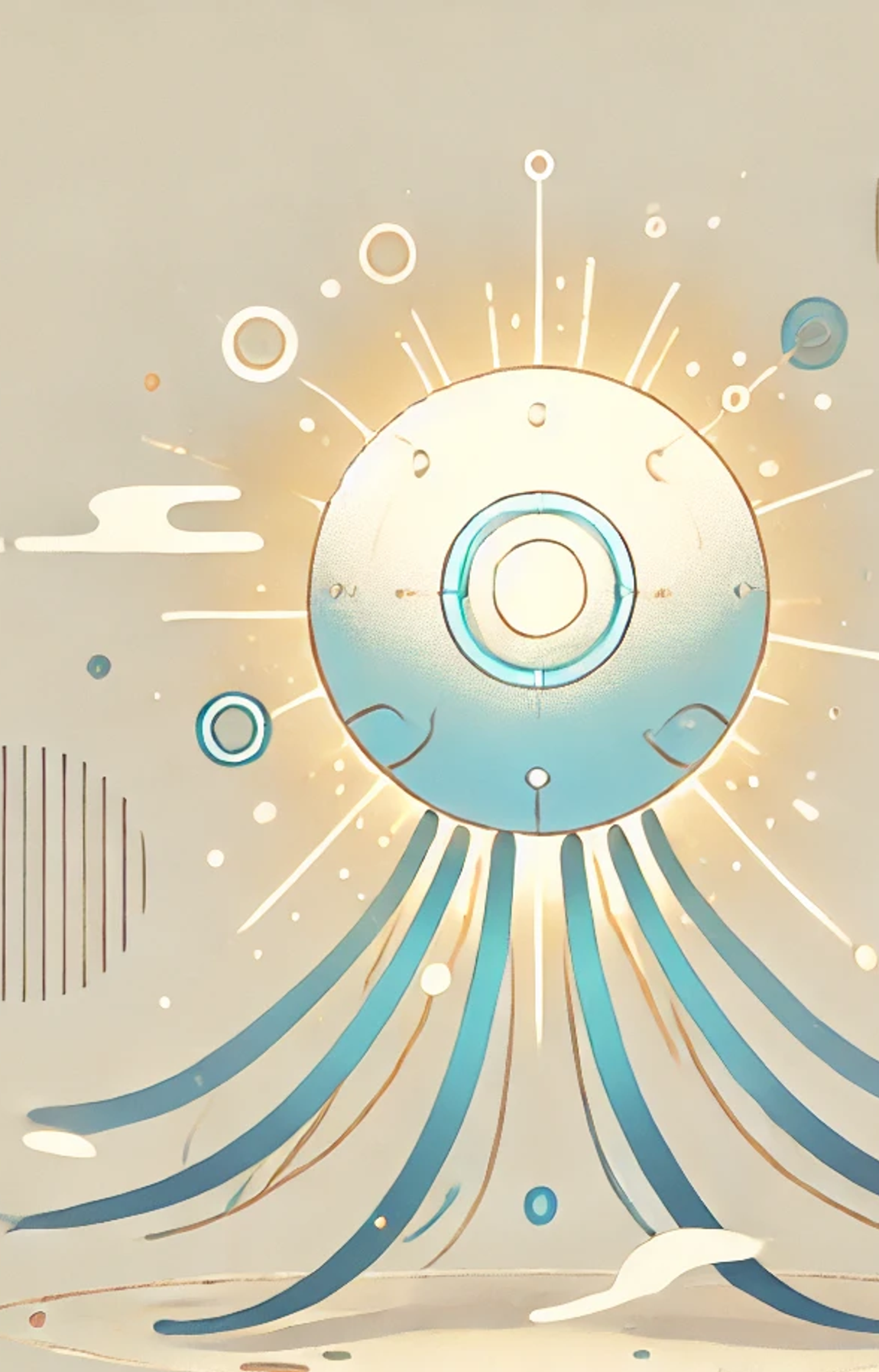 An abstract digital illustration featuring a large circular shape in the center, radiating light. The circle is half white and half blue-green, with various geometric shapes and lines emanating from it. The background has a soft, warm color gradient.