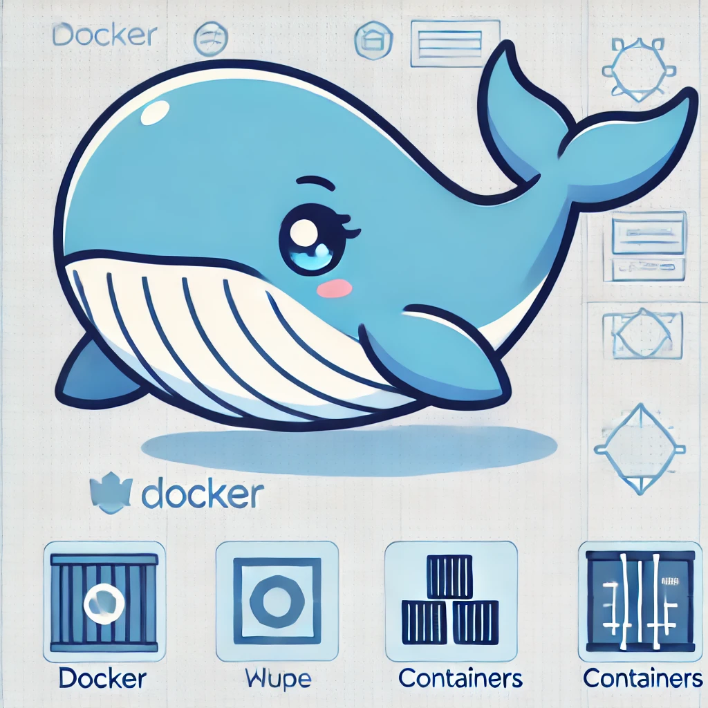 This image is a cartoon representation of Docker, the containerization platform. The main focus is a cute, stylized blue whale, which is Docker’s mascot and logo. The whale has large, expressive eyes and a friendly appearance.