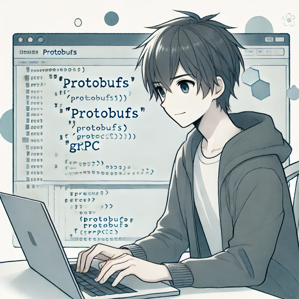 An anime-style illustration of a young man with dark hair sitting at a computer. The screen shows code for “Protobufs” and “gRPC”. The character is wearing a dark hoodie and appears to be programming.