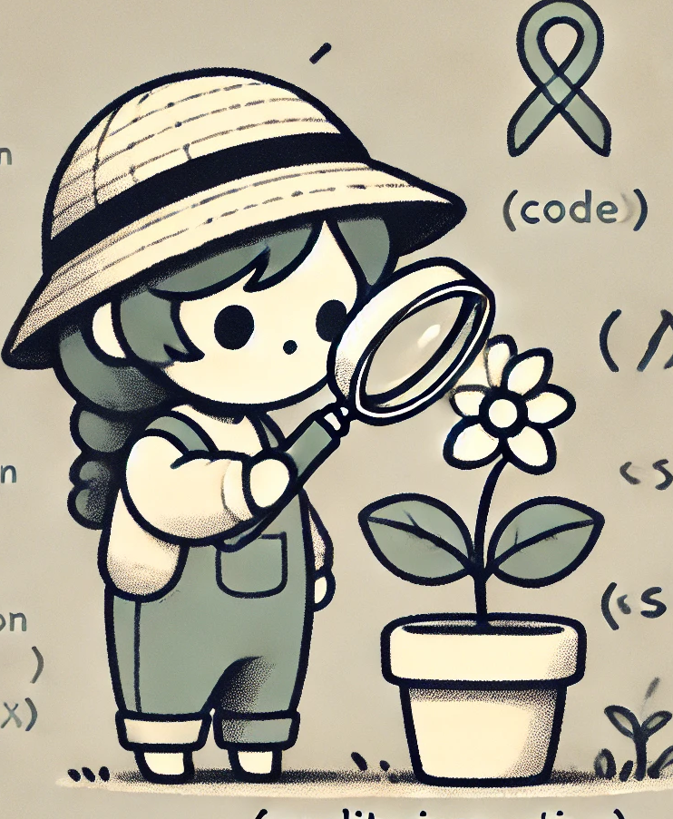 A cute cartoon illustration of a child explorer or scientist examining a potted flower with a magnifying glass. The character wears overalls and a safari hat, holding a large magnifying glass up to a simple flower in a pot. Next to the scene is a ribbon-like symbol labeled “(code)”, suggesting a connection to programming or coding. The background has faint outlines of code or programming syntax. The style is simple and adorable, reminiscent of children’s book illustrations.