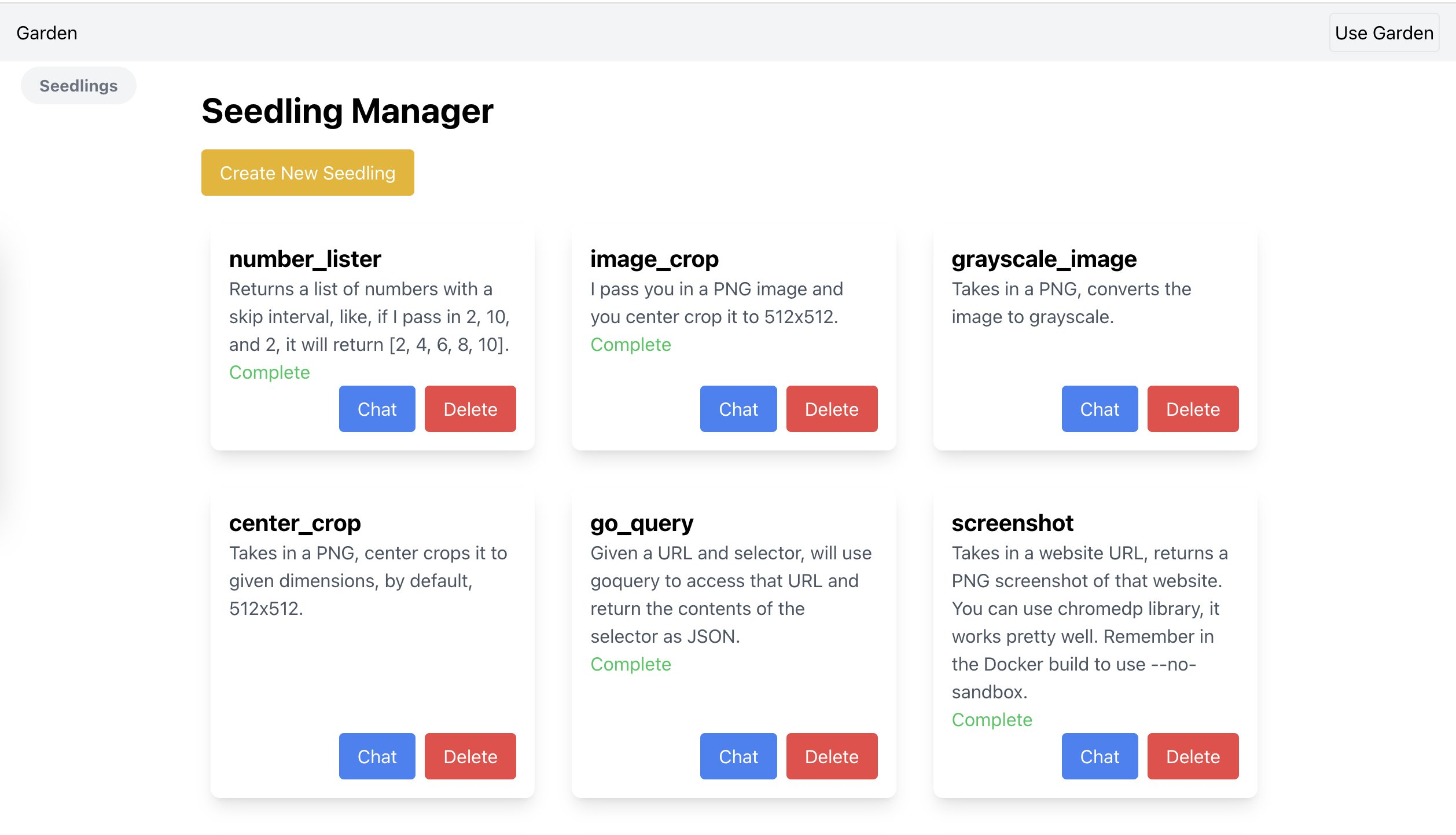 A screenshot of a web application called “Seedling Manager”. It shows a grid of cards, each representing different functions like “number_lister”, “image_crop”, and “grayscale_image”. Each card has a brief description and “Chat” and “Delete” buttons.