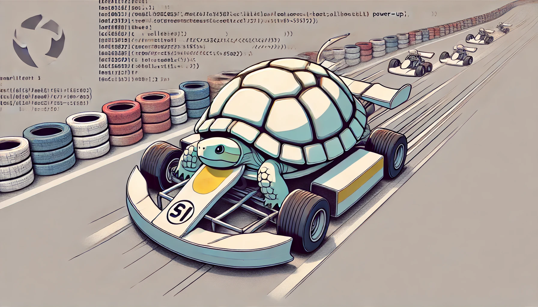 A cartoon illustration of a racing scene featuring a turtle-shaped race car on a track. The turtle car has the number 51 and is in the foreground, with other race cars visible in the distance behind it. The track is lined with colorful tires acting as barriers. In the background, there’s some computer code or programming text visible. The overall style is whimsical and playful, blending the concepts of slow turtles with fast racing cars.