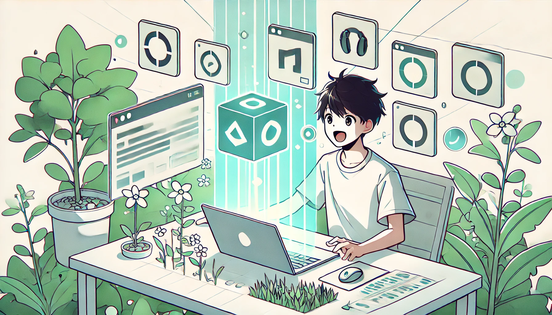 An anime-style digital illustration of a boy sitting at a desk with a laptop. The desk has plants and flowers growing on it. Around him are floating icons and windows representing various computer applications. The color scheme is primarily green and white, giving a fresh and natural feel to the tech-focused image.