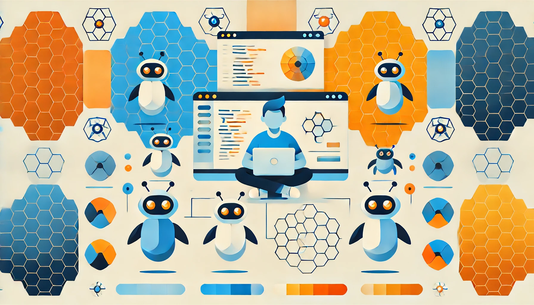 A drawing of an intricate blue and orange grid of honeycombs and schematics behind a sitting programmer on a laptop