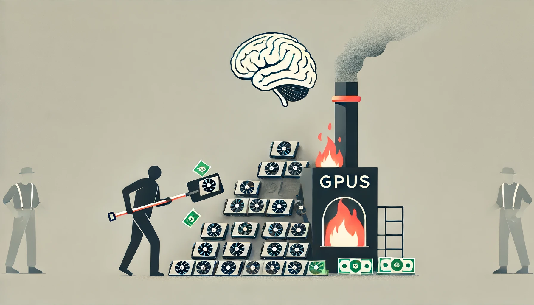 a stylized illustration of people shoveling money into a giant burning pile of GPUs