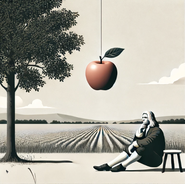 a stylized design illustration of a red apple hanging down on black and white background while isaac newton sites