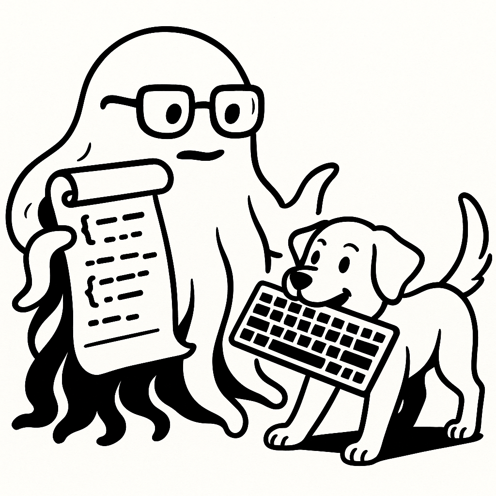 A cartoon octopus wearing glasses holding a checklist next to a small dog at a keyboard