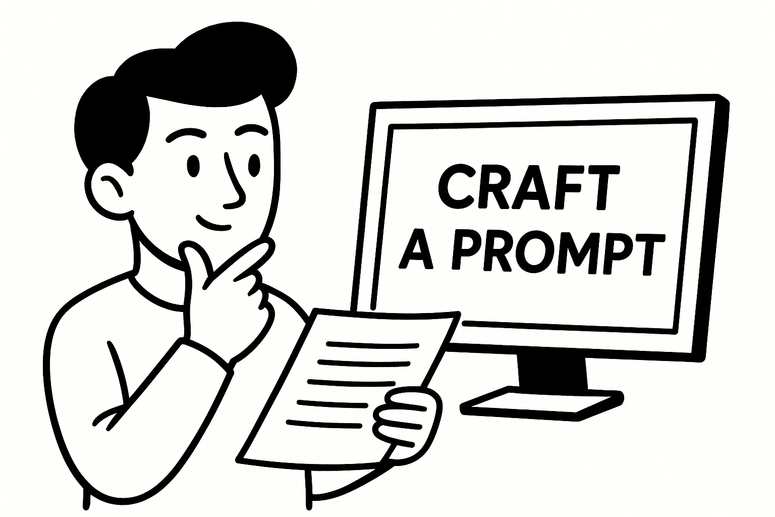 A cartoon character thinking while looking at a computer screen with “CRAFT A PROMPT” displayed