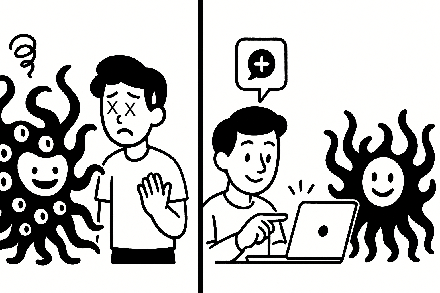 A split panel showing a distressed person with virus-like creatures on the left, and a happy person working at a laptop on the right