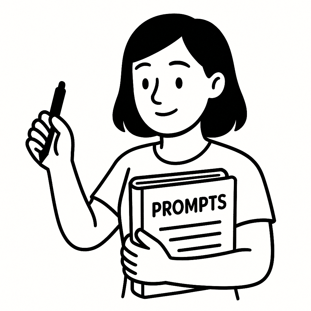 A cartoon woman holding a notebook labeled “PROMPTS” while pointing upward