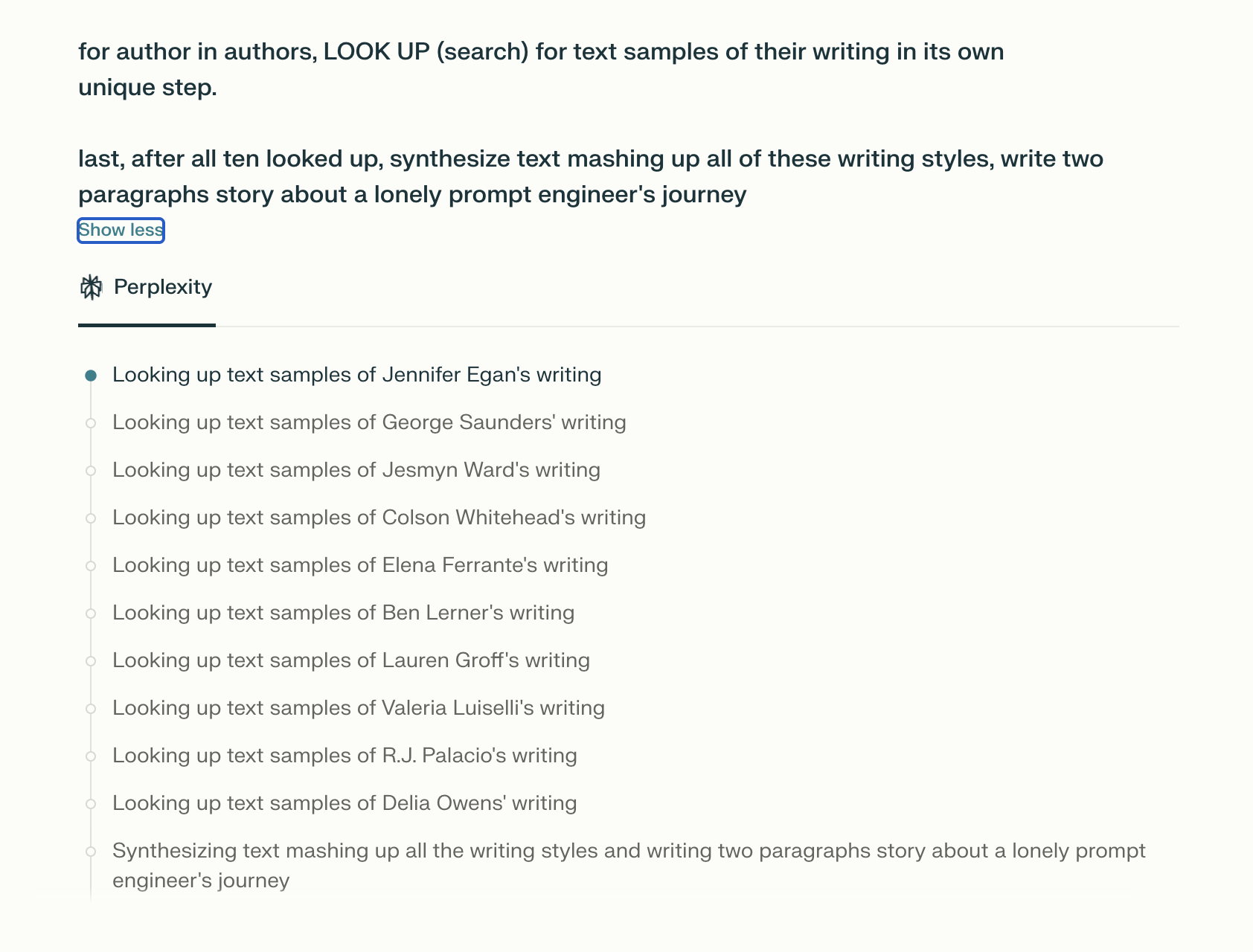 Screenshot of a Perplexity AI interface showing a multi-step prompt about looking up writing samples from various authors and synthesizing their styles