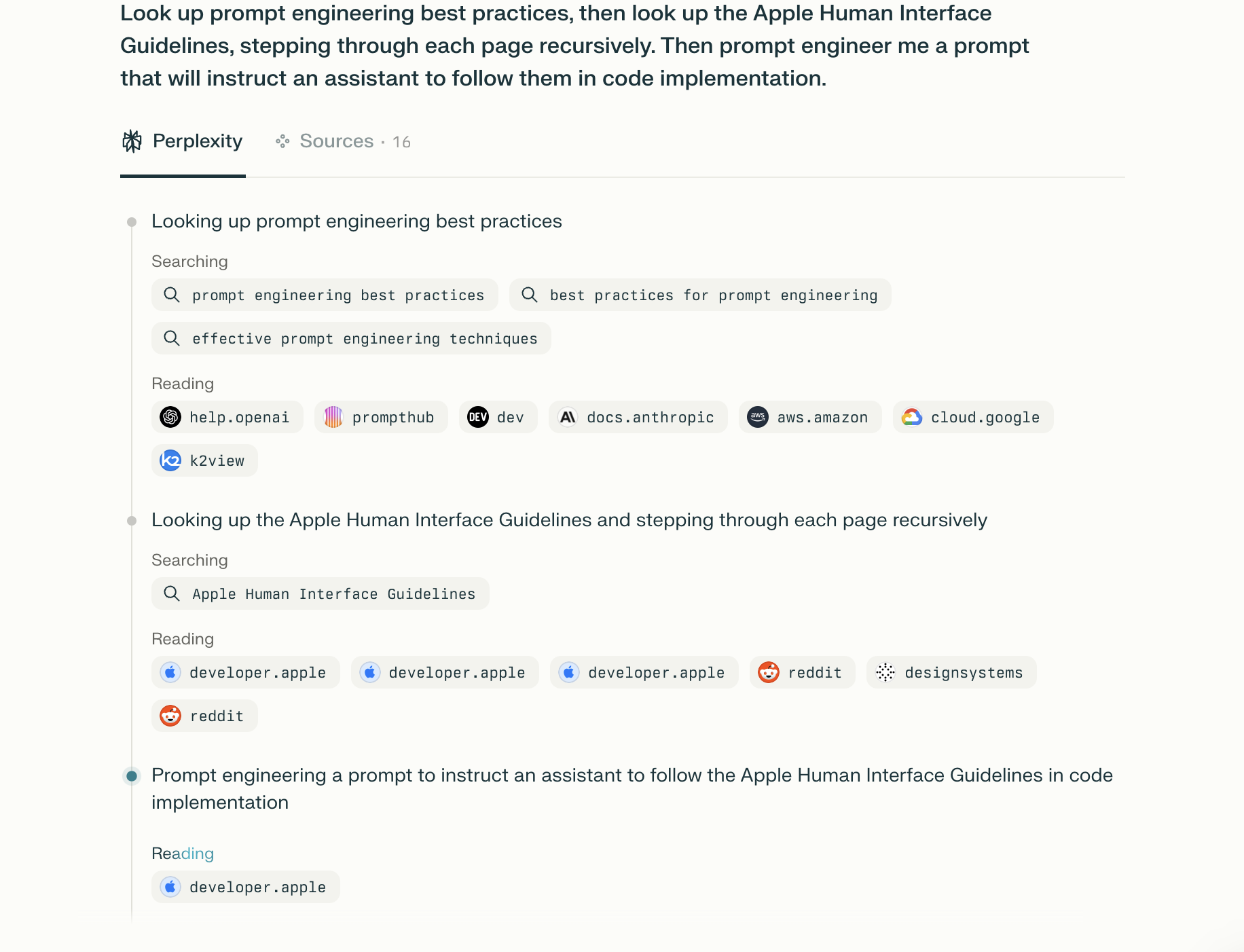 Screenshot of Perplexity AI showing a prompt engineering query with search results and documentation sources