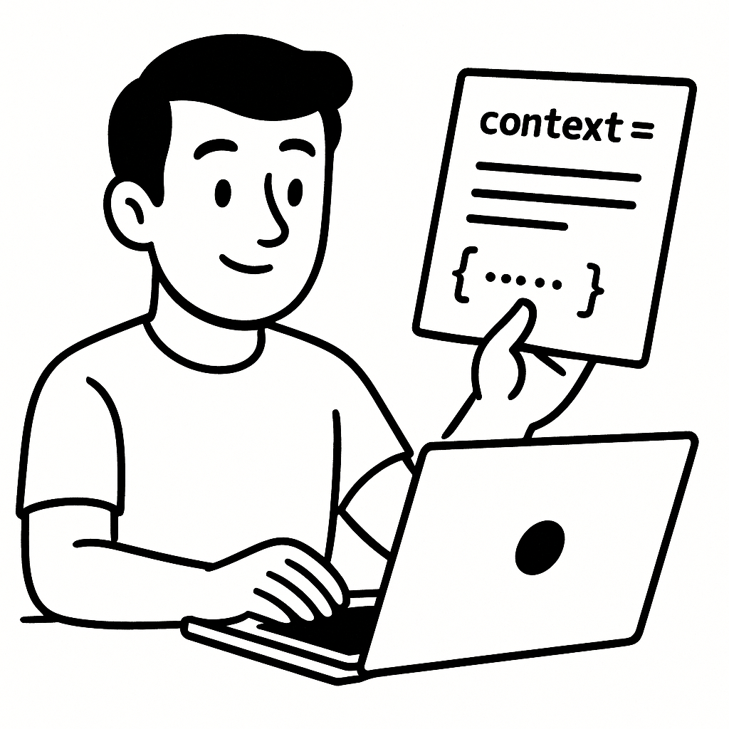 A cartoon man holding a document showing “context = {….}” code notation
