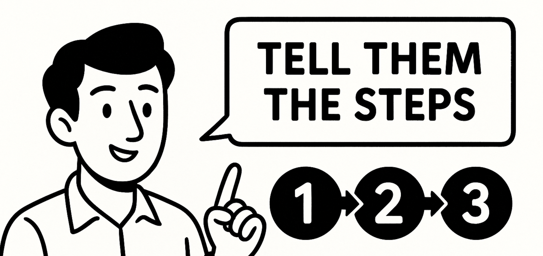 A cartoon character pointing to a speech bubble saying “TELL THEM THE STEPS” with numbered circles 1, 2, 3